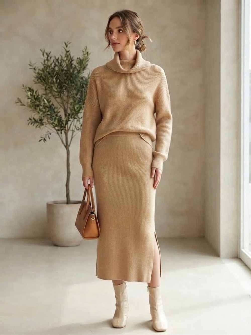 Avenue Camel Ribbed Cowl Neck Sweater & Skirt Set